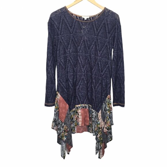 Oddy Patchwork Asymmetric Hem Tunic Top Women Small NEW Open Knit Cottagecore - Picture 1 of 14